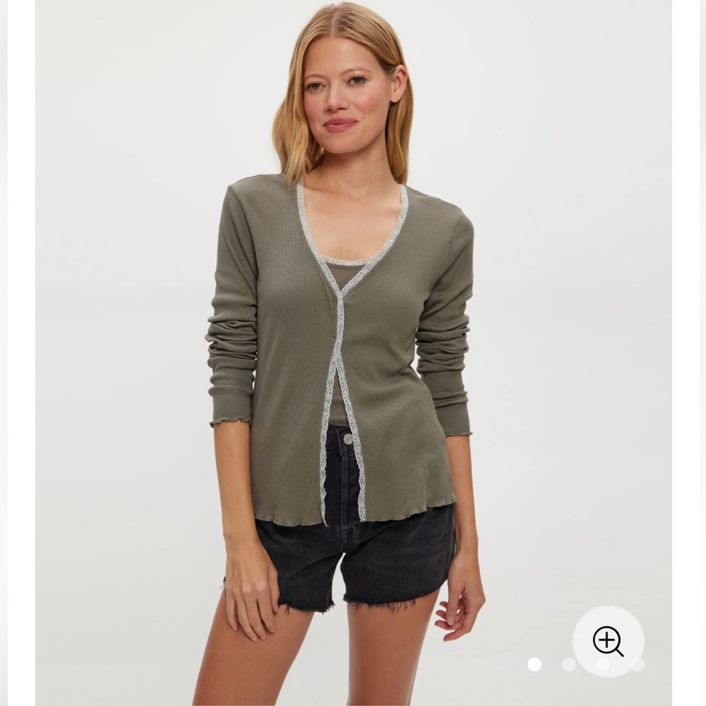 Michael Stars Lace Trim Ribbed Cardigan Olive Green Long Sleeve Knit Top NWT S